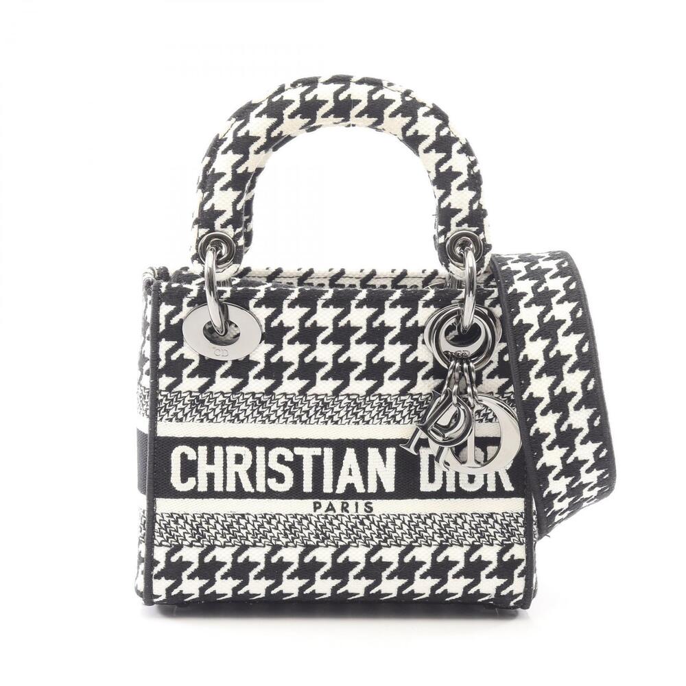 Christian Dior Lady Houndstooth Handbag Canvas Black White